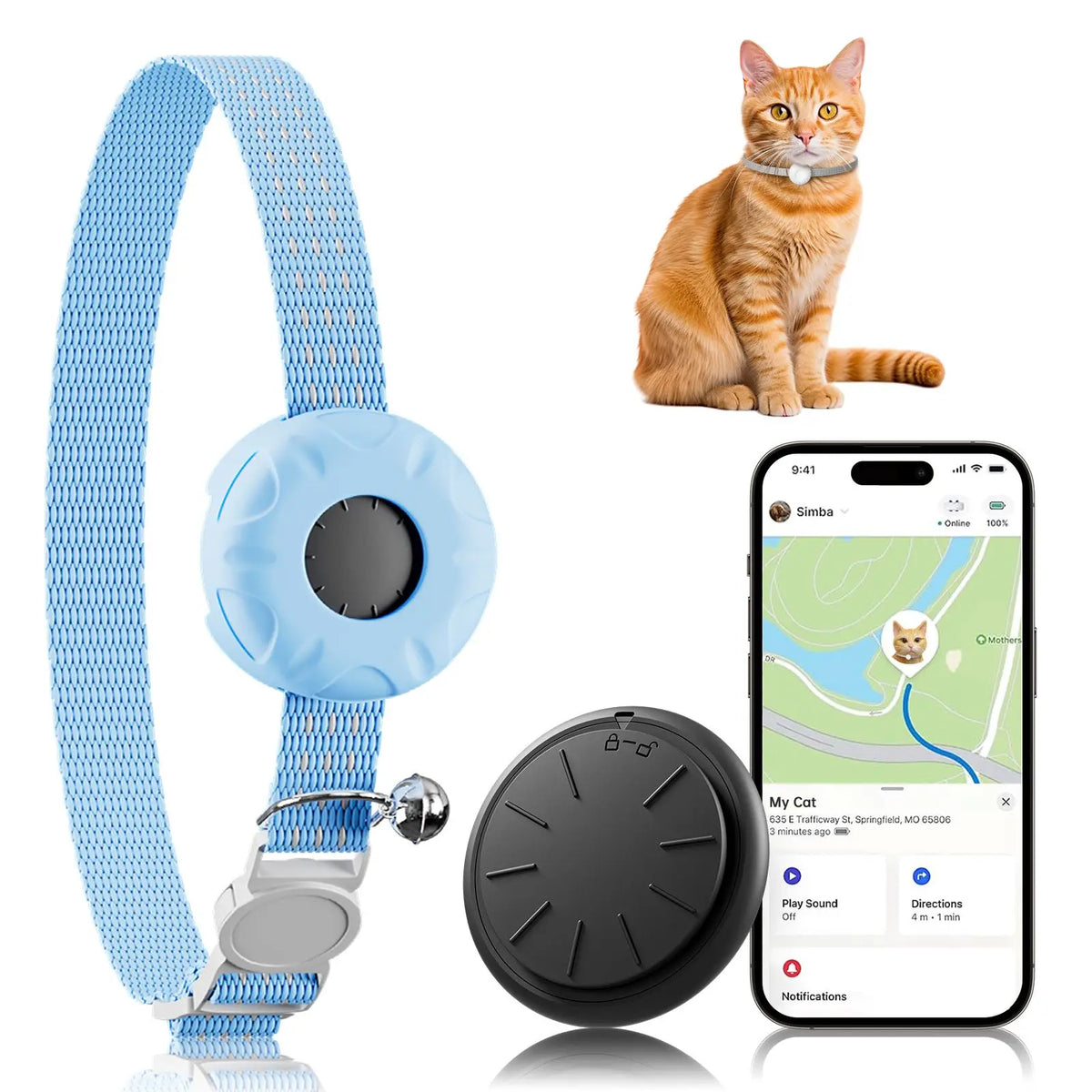 GPS Cat Tracker Collar - Apple Find My Compatible, No Monthly Fee
